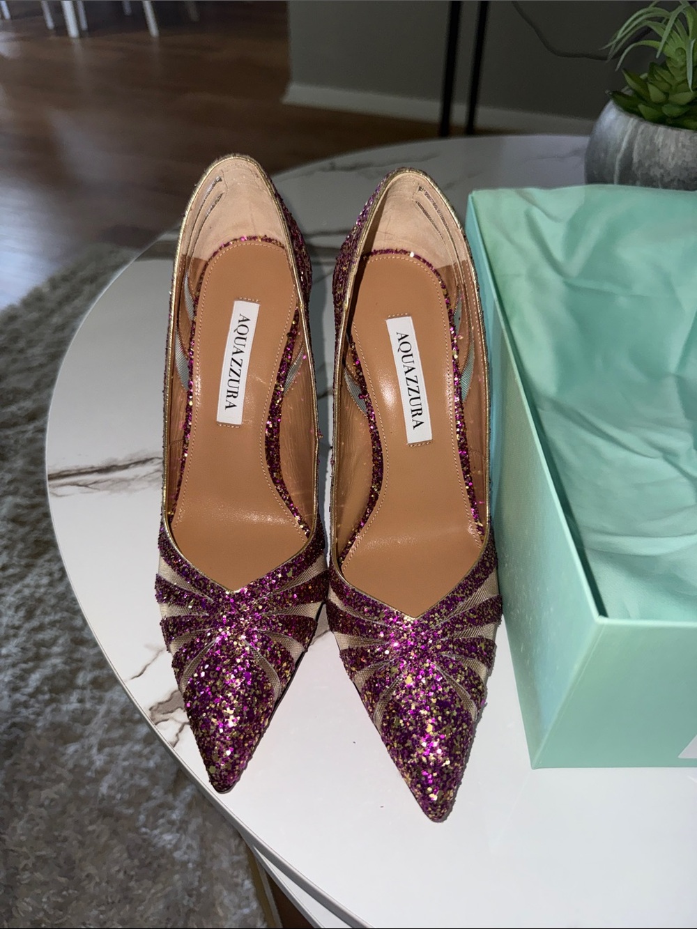 Aquazzura Purple Glitter Pointed Toe Spy Pump 105